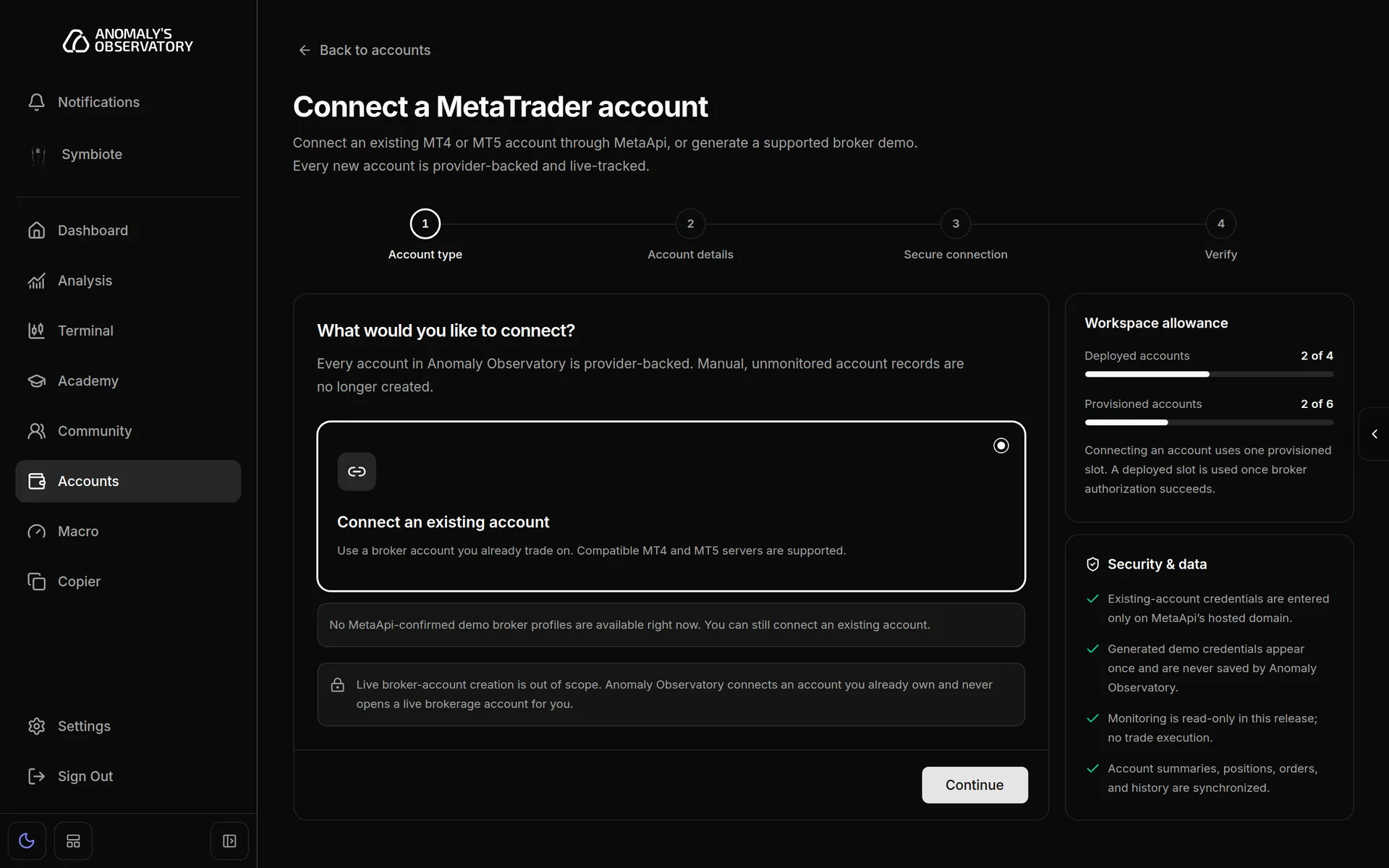 What would you like to connect? step with Connect an existing account selected and the Continue button