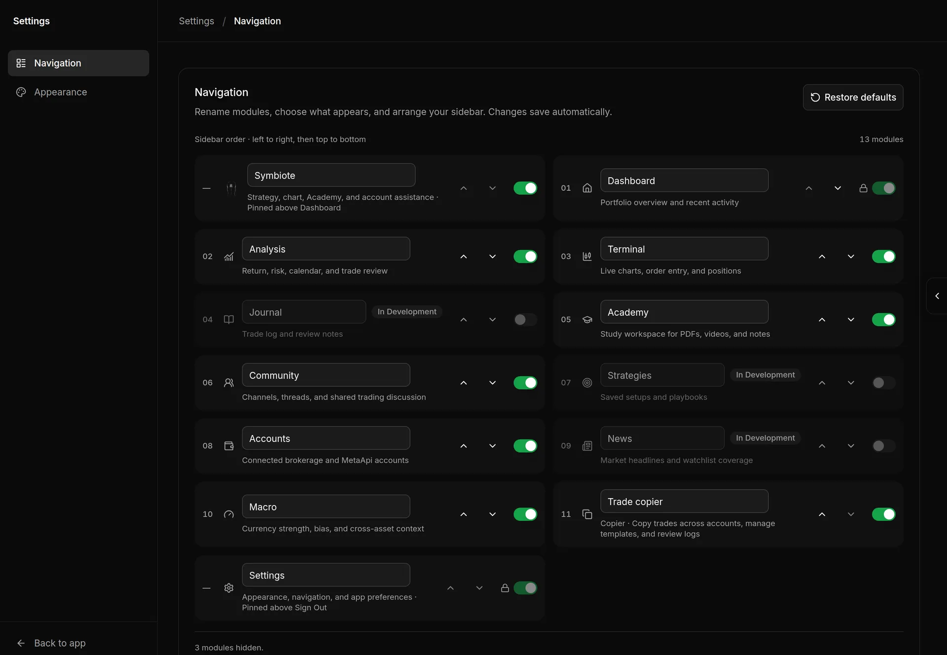Settings Navigation page listing modules with name fields, up and down arrows and show switches, and the Restore defaults button