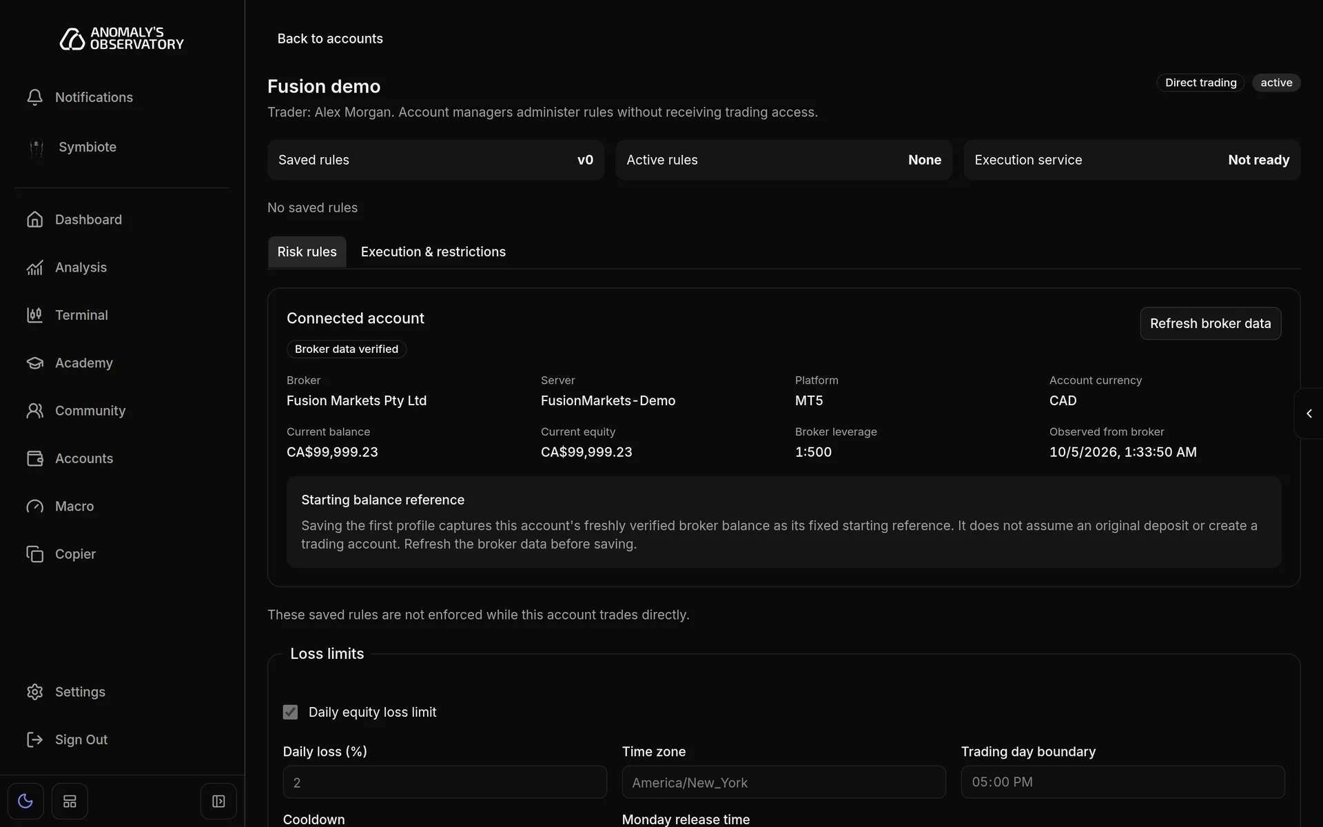 Account rules page for a demo account with no saved rules, showing the Direct trading badge, the Saved rules, Active rules and Execution service tiles, the Risk rules and Execution & restrictions tabs, and the Connected account facts with Broker data verified