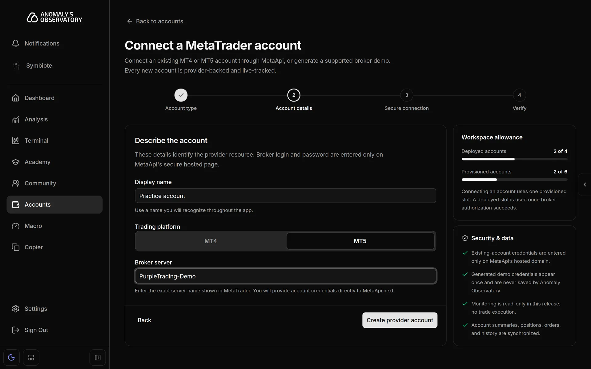 Describe the account step with a display name, MT5 selected and a broker server filled in