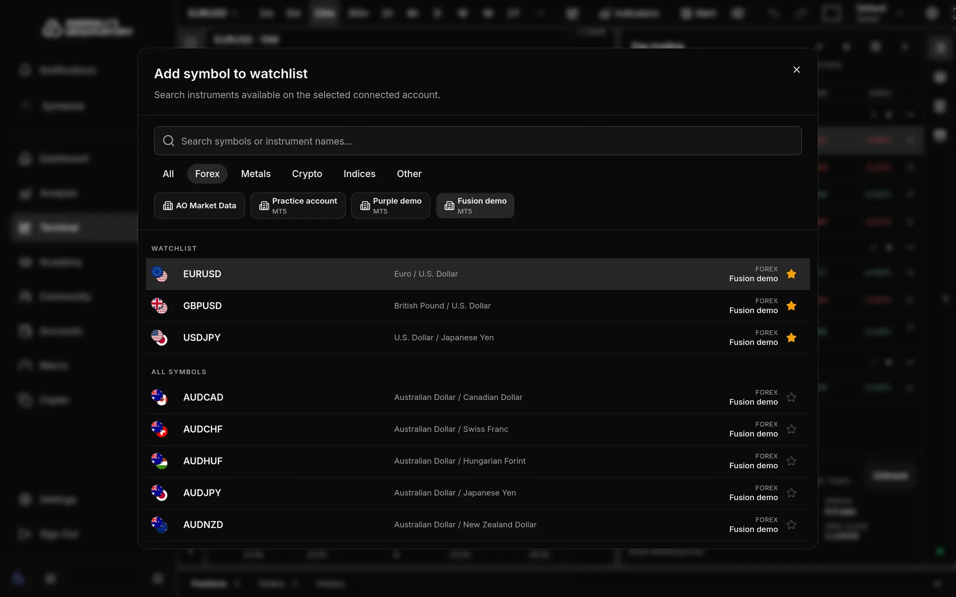 Add symbol to watchlist dialog with the Fusion demo account selected, the Forex tab open and stars beside each symbol