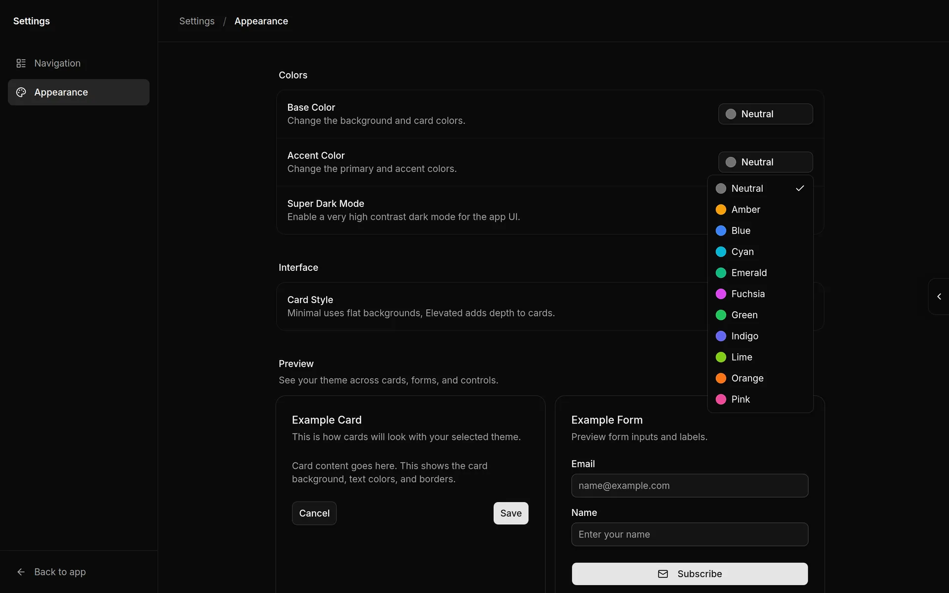 Settings Appearance page in dark mode showing Base Color, Accent Color, Super Dark Mode and Card Style