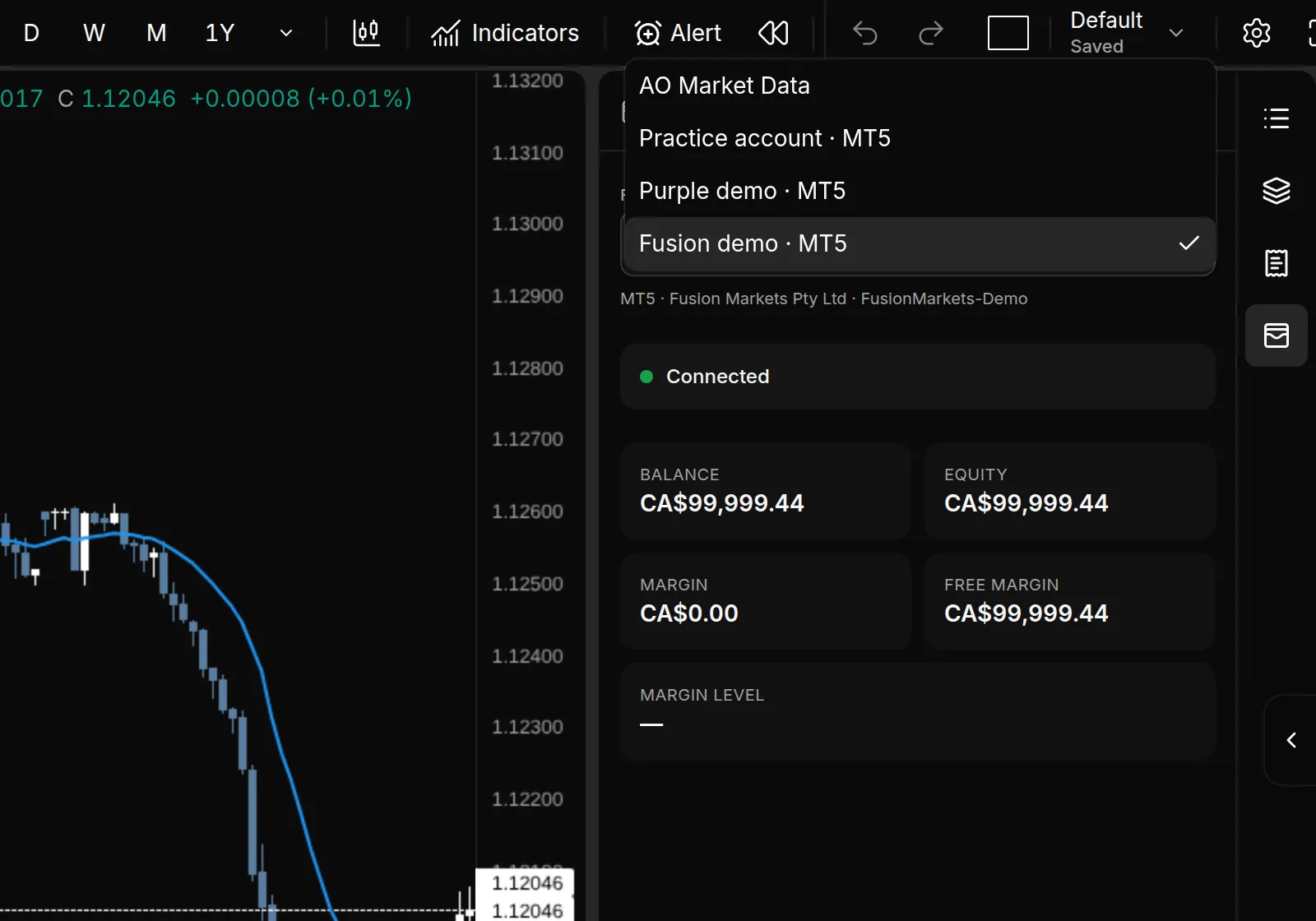 Account panel with the Feed and execution menu open, listing AO Market Data and two demo MT5 accounts
