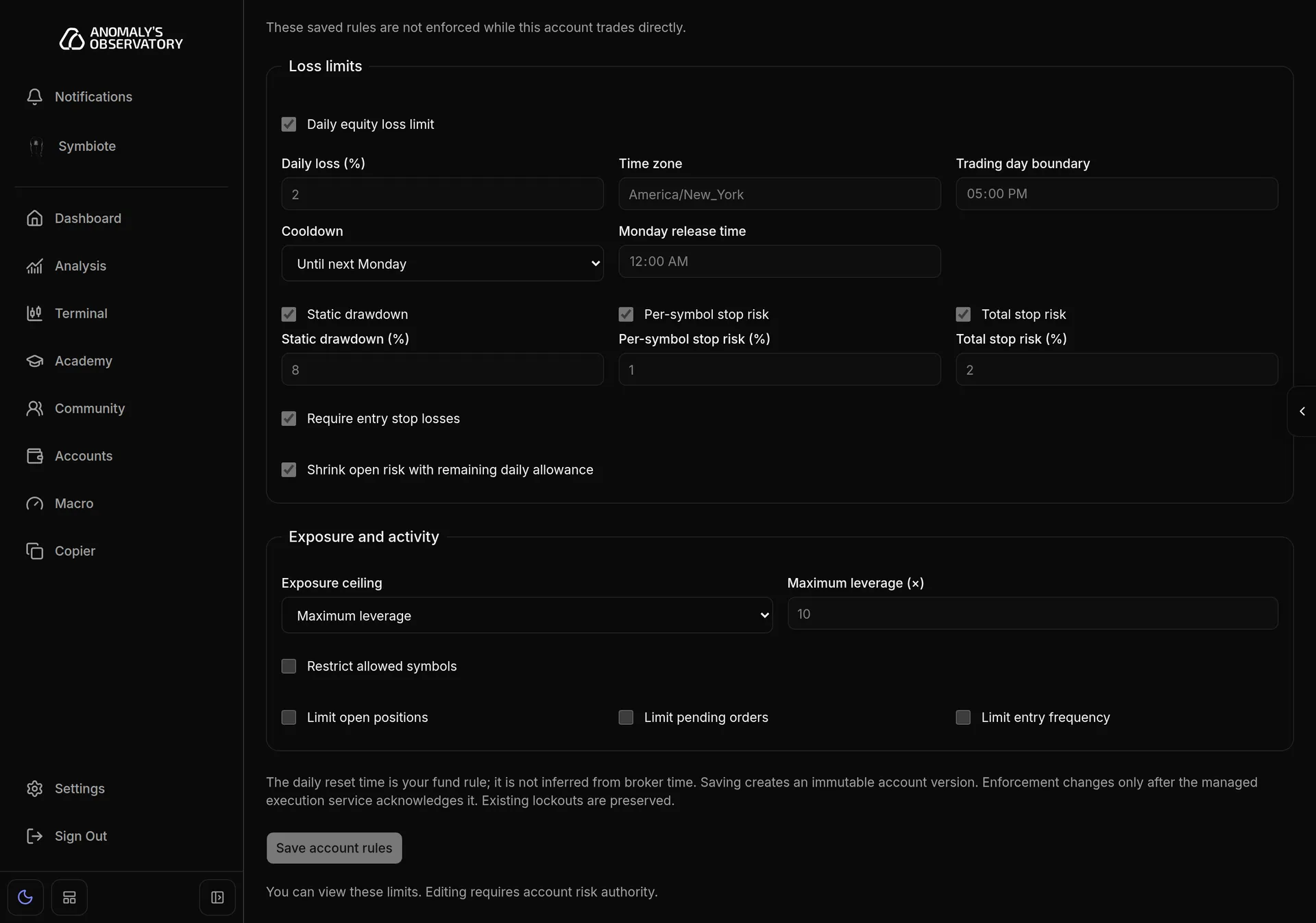 Risk rules form, read-only for this user, with the Loss limits section, including Daily equity loss limit, Static drawdown and stop-risk settings, the Exposure and activity section, and the note that editing requires account risk authority