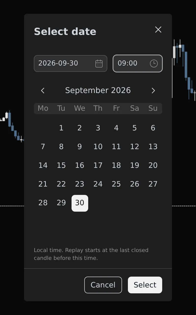 Select date dialog with a date field, a time field and a month calendar, above the Cancel and Select buttons