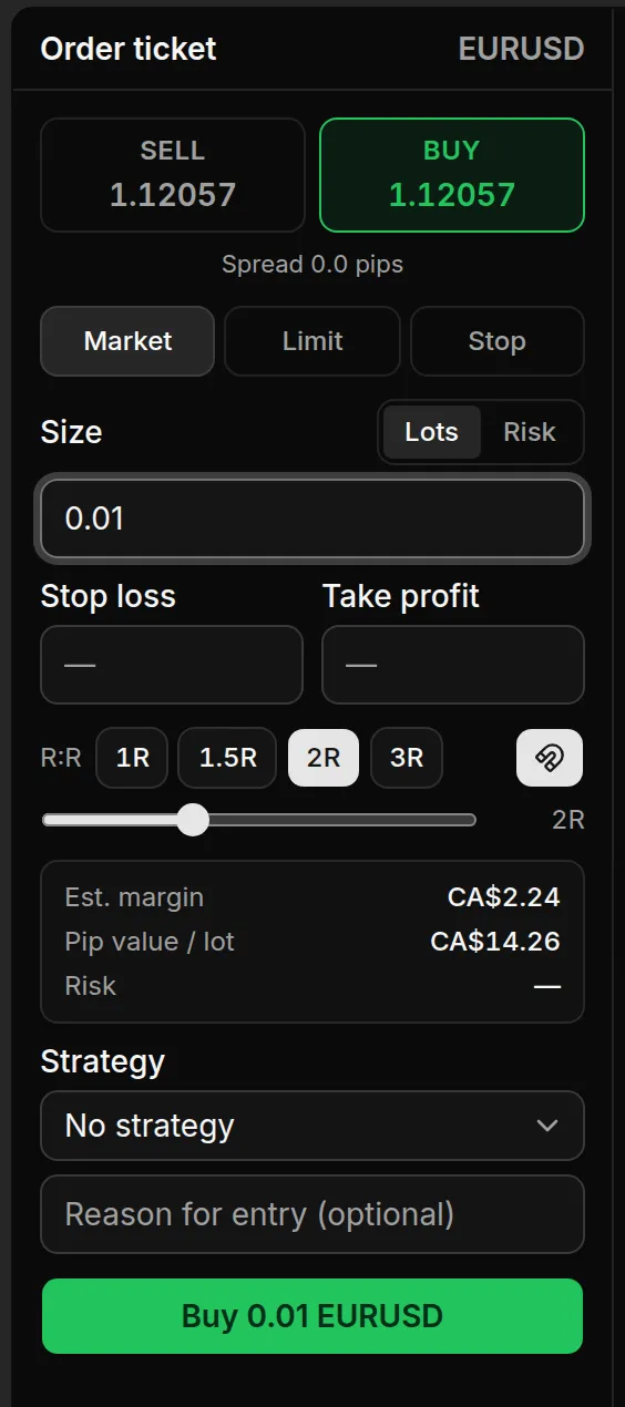 Order ticket with Buy selected, Lots mode at 0.01 and the submit button reading Buy 0.01 EURUSD