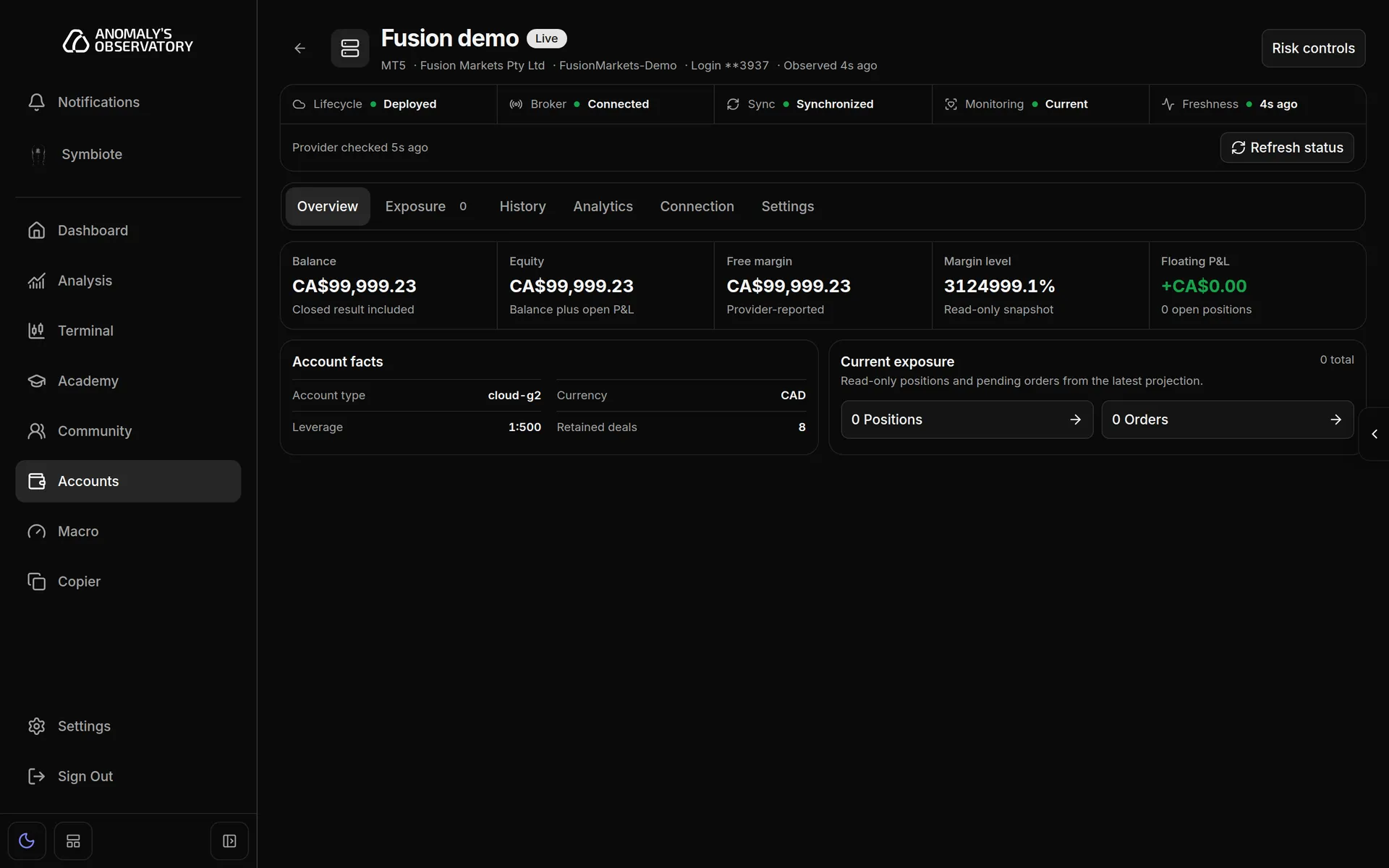 Account page for a demo MT5 account with a Live badge, the connection status strip, the Risk controls button, and the Overview, Exposure, History, Analytics, Connection and Settings tabs