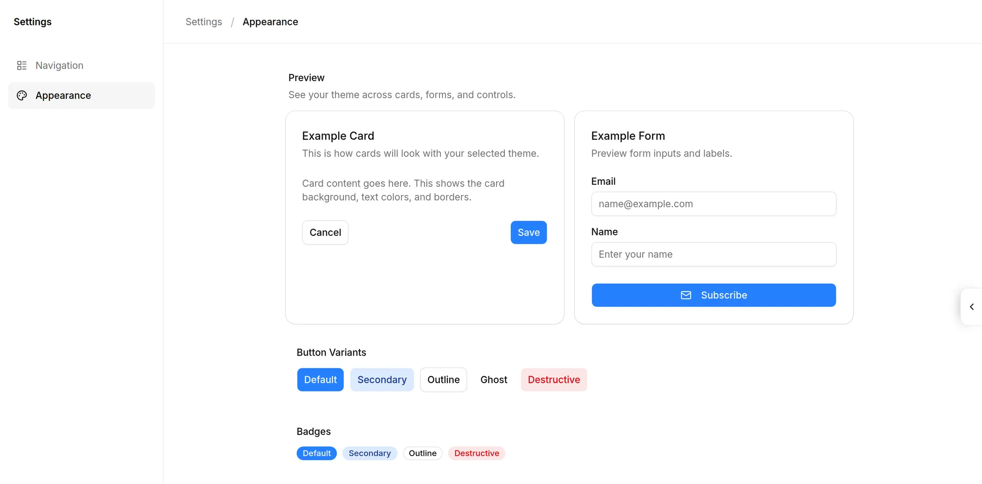 The same Appearance page in light mode with a blue accent colour and the Preview cards