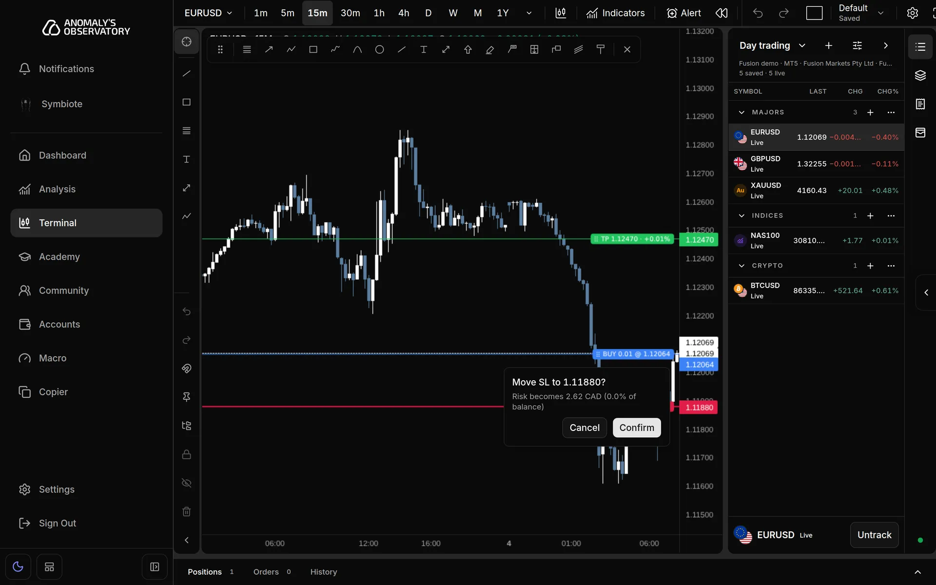Open EURUSD position with its stop loss line dragged lower and a prompt reading Move SL to a new price, showing the new risk, with Cancel and Confirm