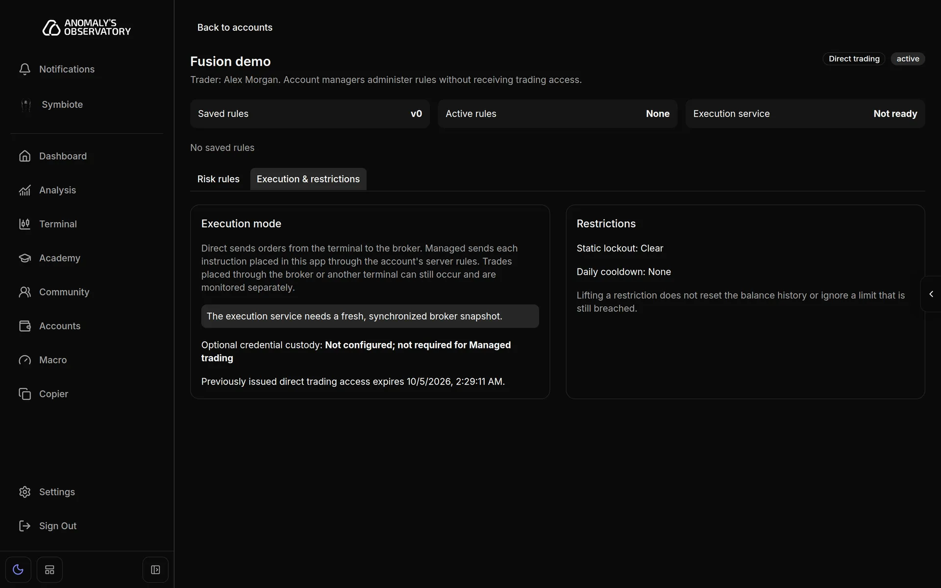 Execution & restrictions tab with the Execution mode section explaining Direct and Managed and listing what Managed mode still needs, and the Restrictions section showing Static lockout Clear and Daily cooldown None