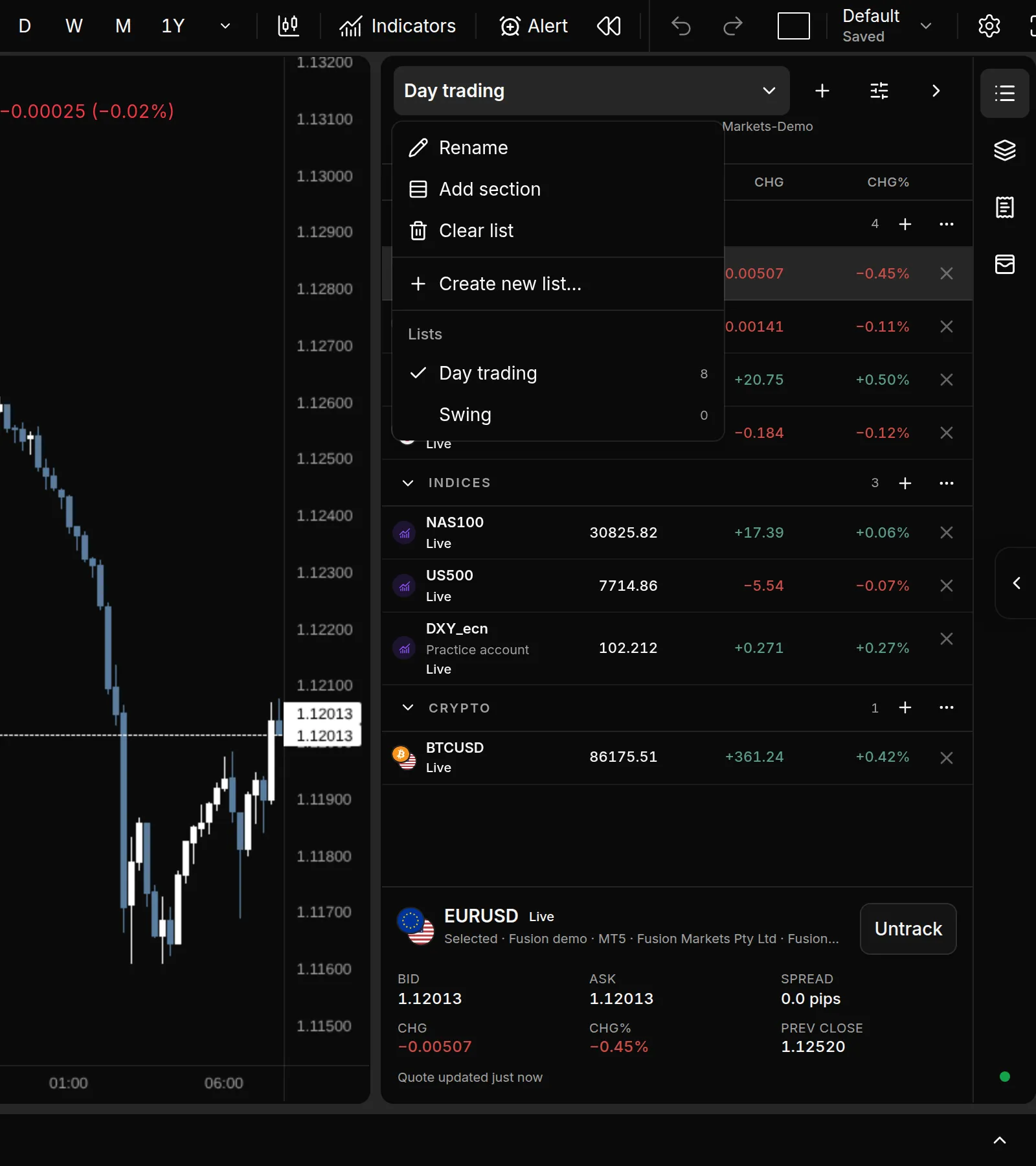 Watchlist list menu open, showing Rename, Add section, Clear list, Create new list and two saved lists with their symbol counts