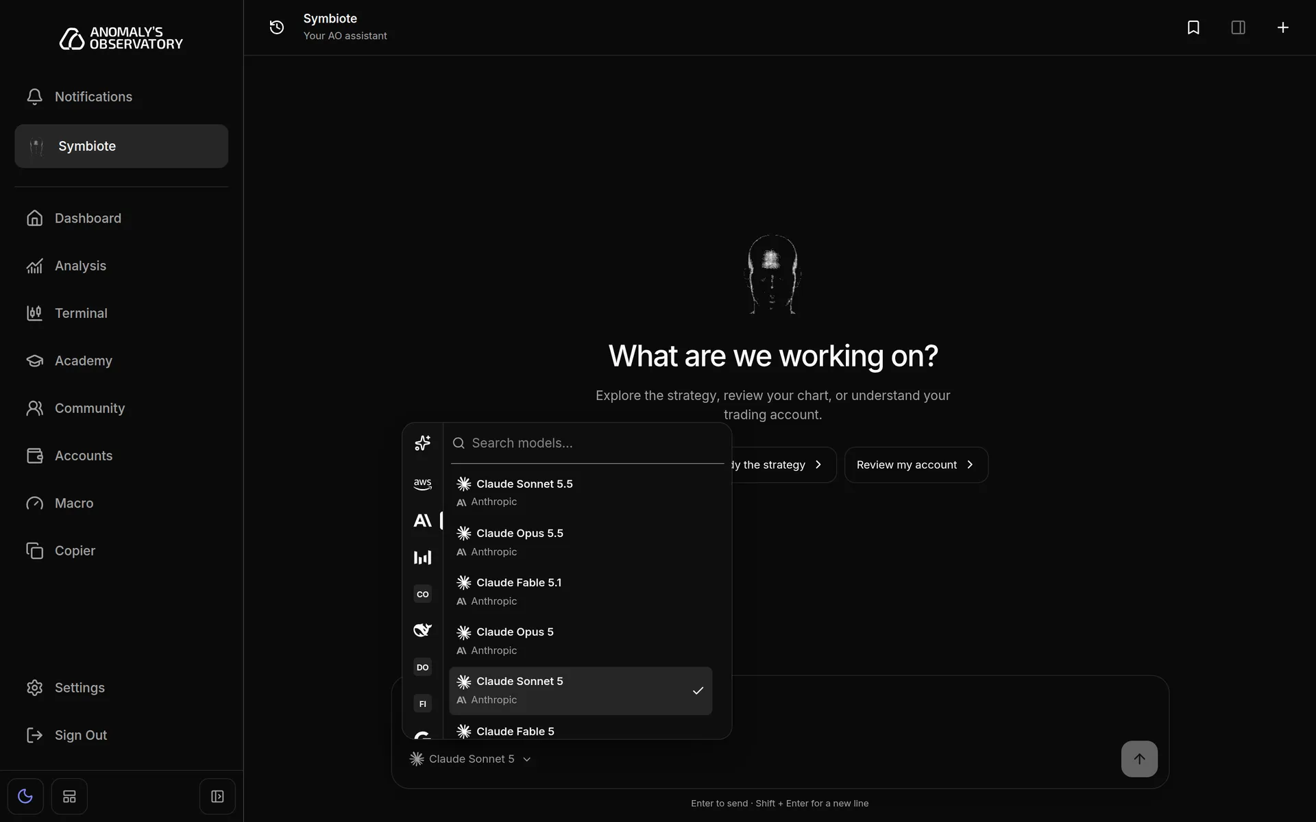 Model menu open under the message box, with a search field and provider filters