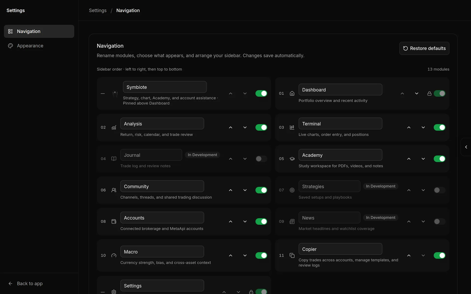 Settings, Navigation page listing modules with up and down arrows and on/off switches