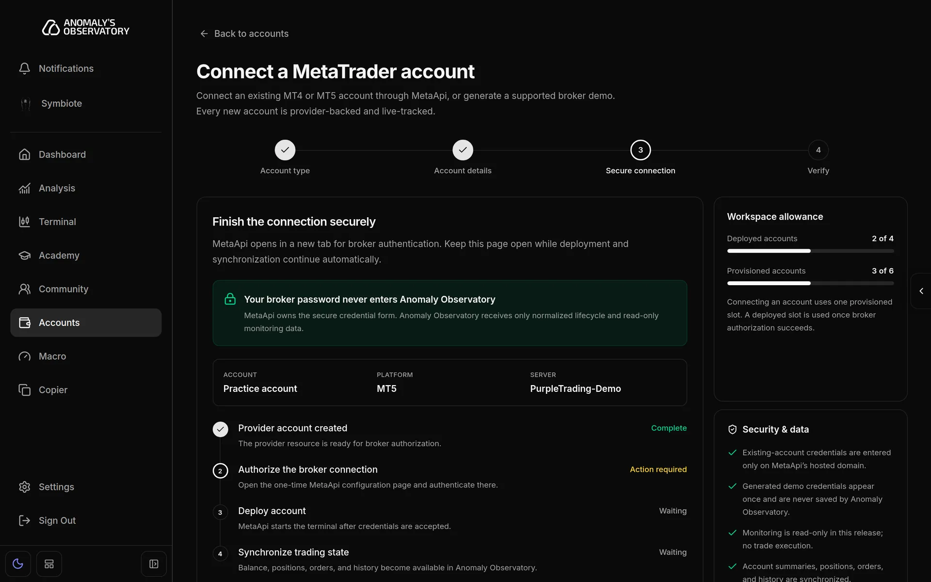 Finish the connection securely step with the four-stage timeline and the Open MetaApi in new tab button