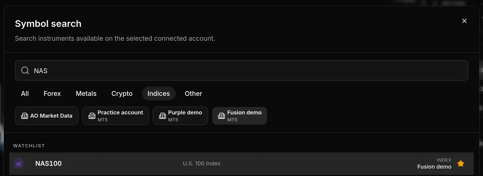 Symbol search with NAS typed in the search box, the Indices tab selected and the account buttons under the tabs