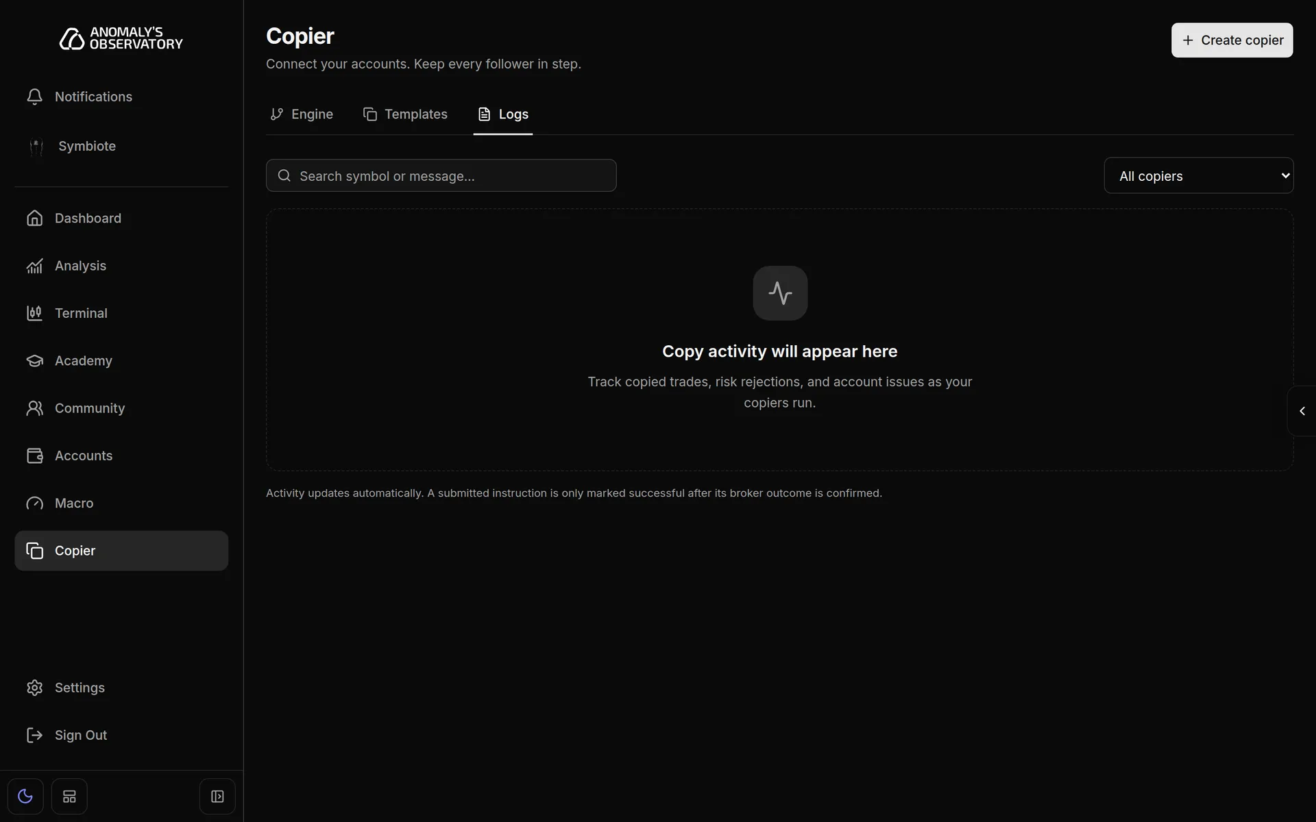 Copier Logs tab with the search field, the All copiers filter and the empty state Copy activity will appear here