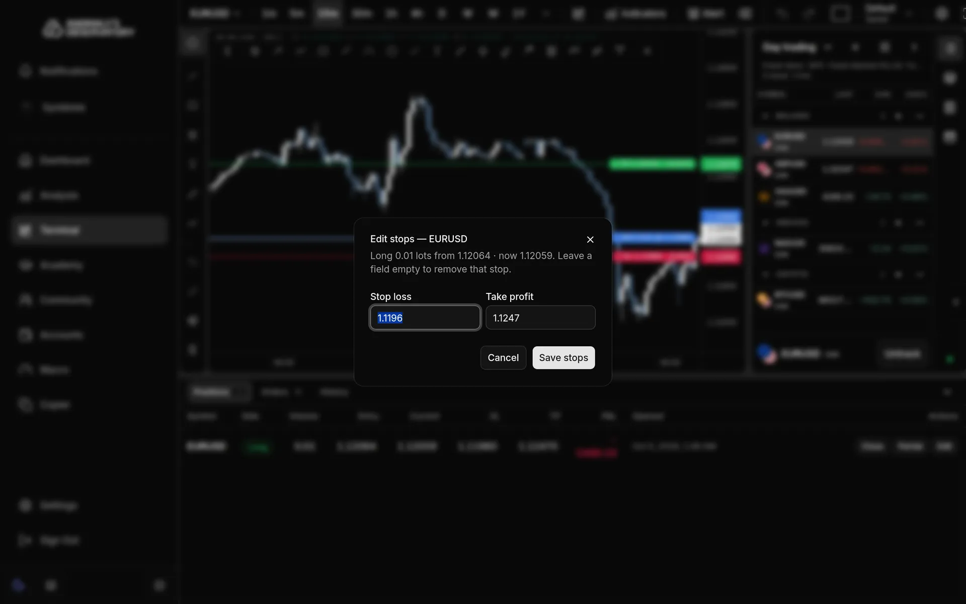 Edit stops dialog for a long EURUSD position with Stop loss and Take profit fields and a Save stops button
