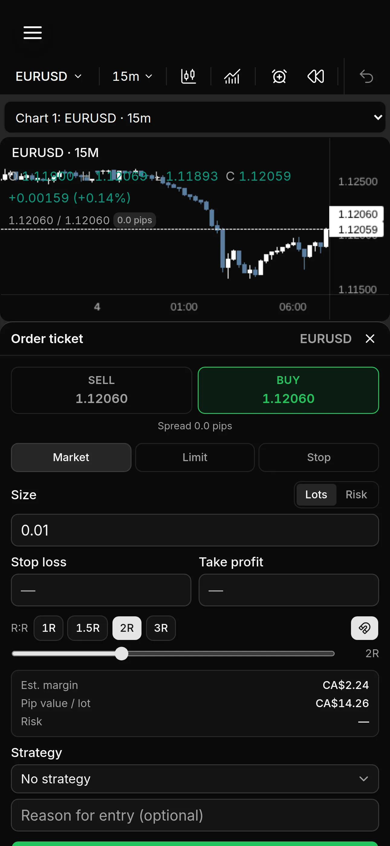 Phone view of the terminal with the order ticket open as a bottom sheet under the chart