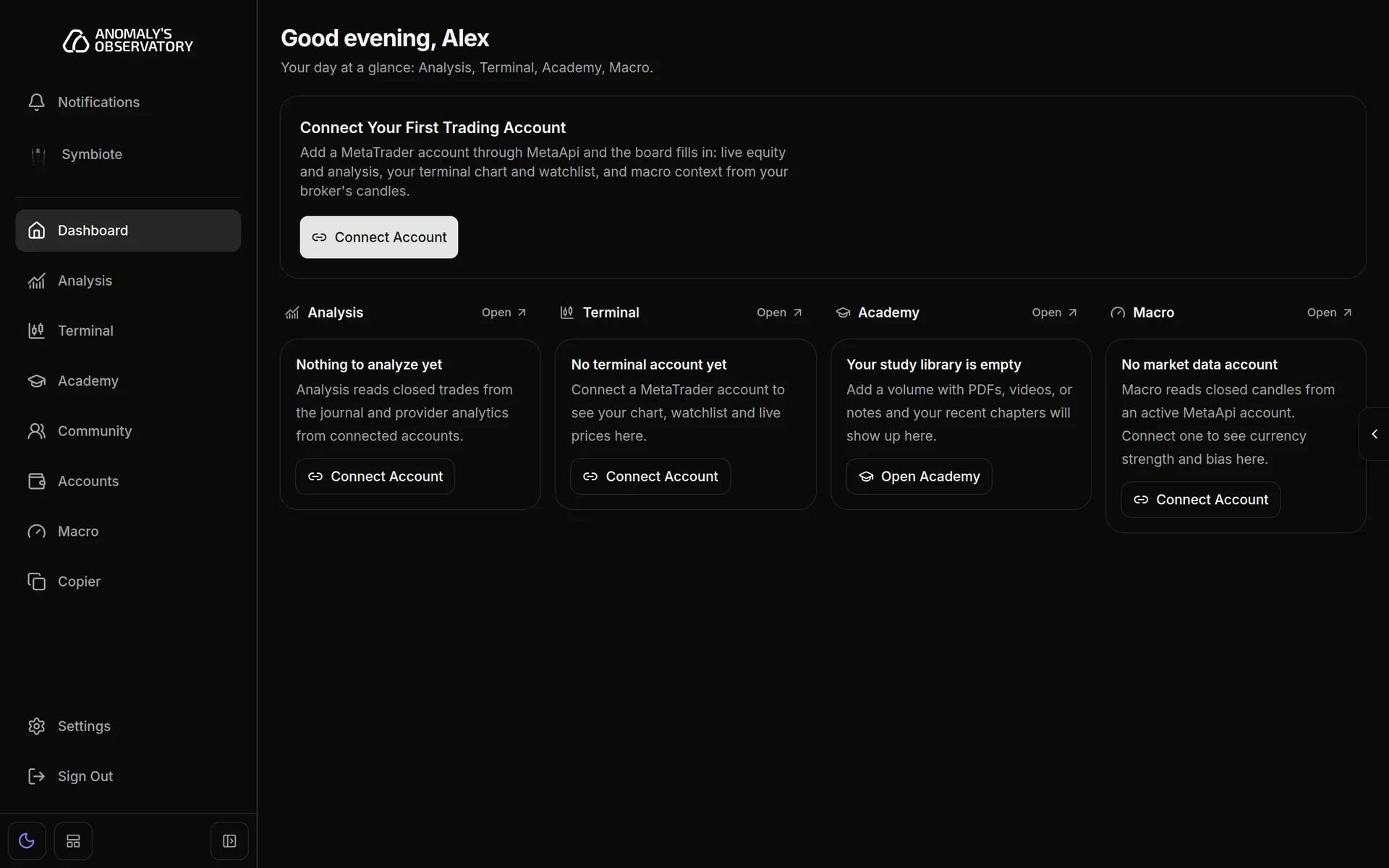 Dashboard with the Connect Your First Trading Account card and its Connect Account button