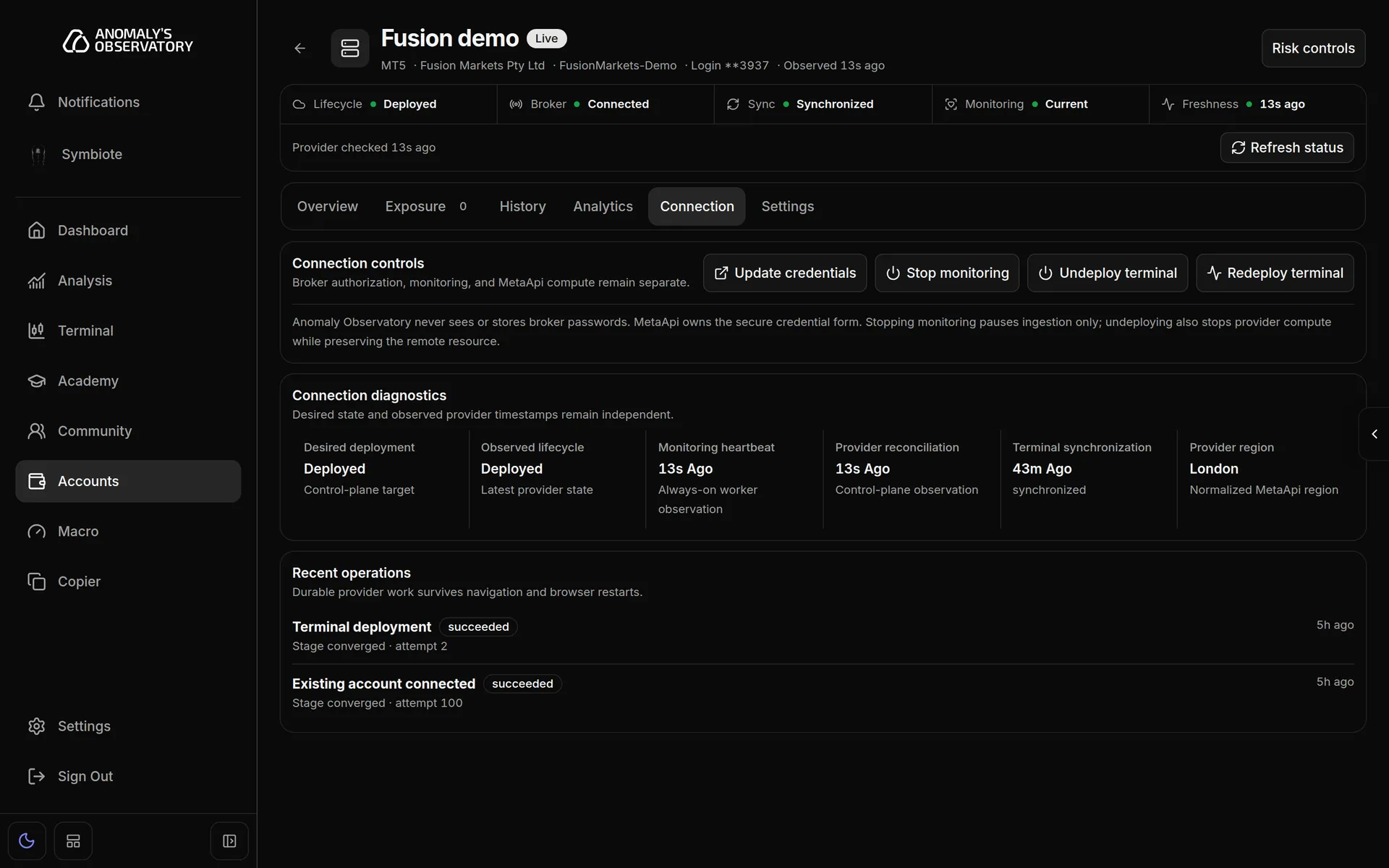 Connection tab with Connection controls showing Update credentials, Stop monitoring, Undeploy terminal and Redeploy terminal, Connection diagnostics, and a Recent operations list