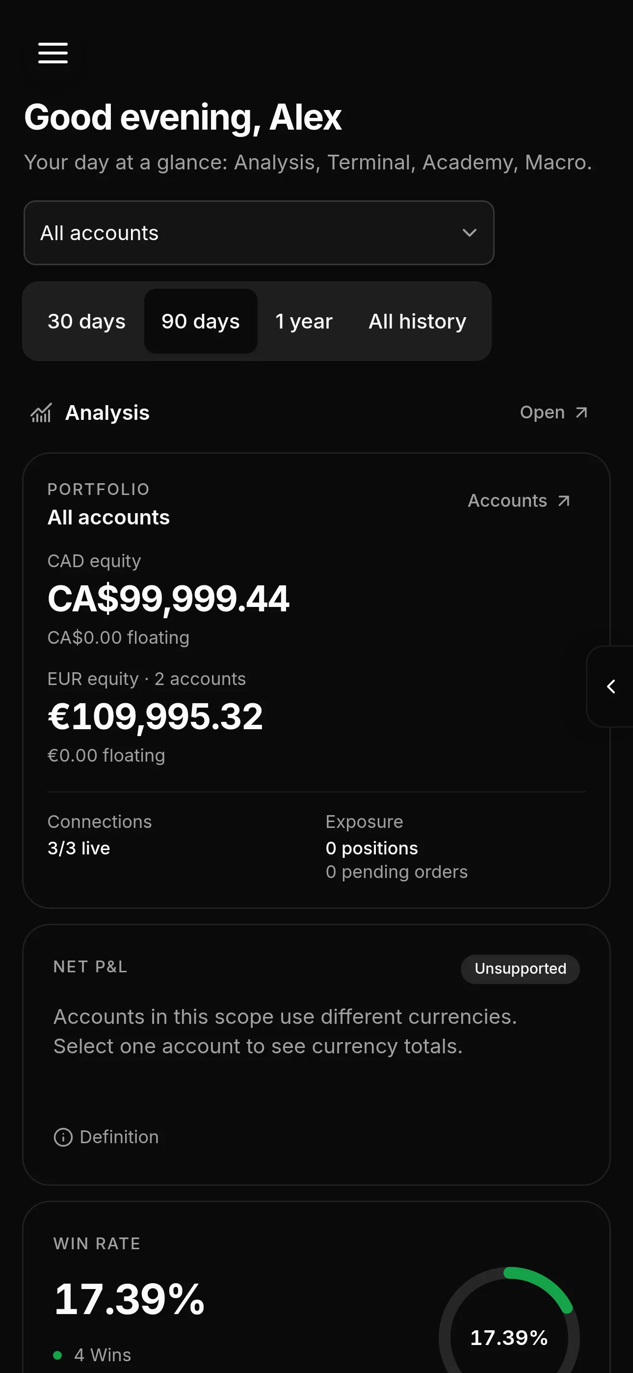 Dashboard on a phone with the round menu button at the top left