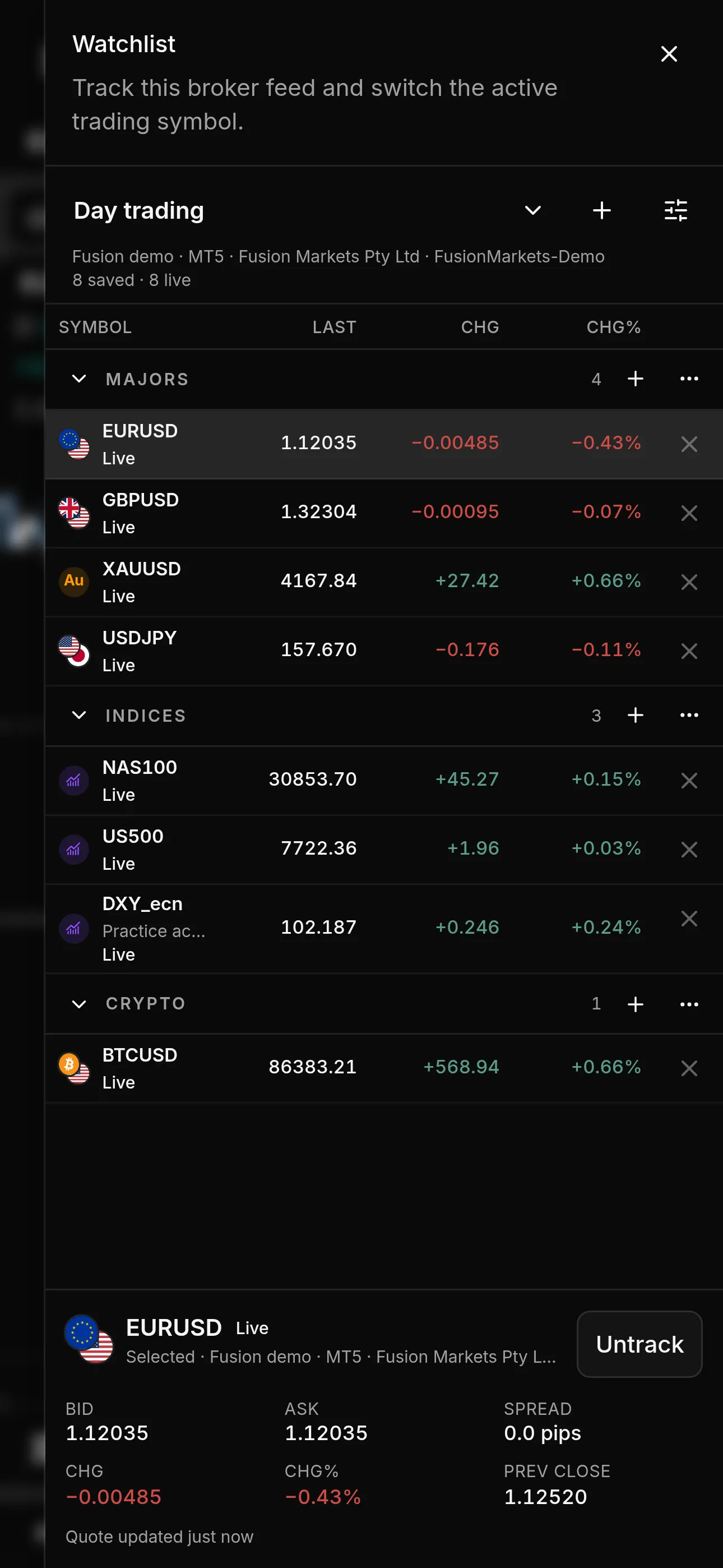 Watchlist open as a sheet on a phone, with live rows and the Track button on the summary card