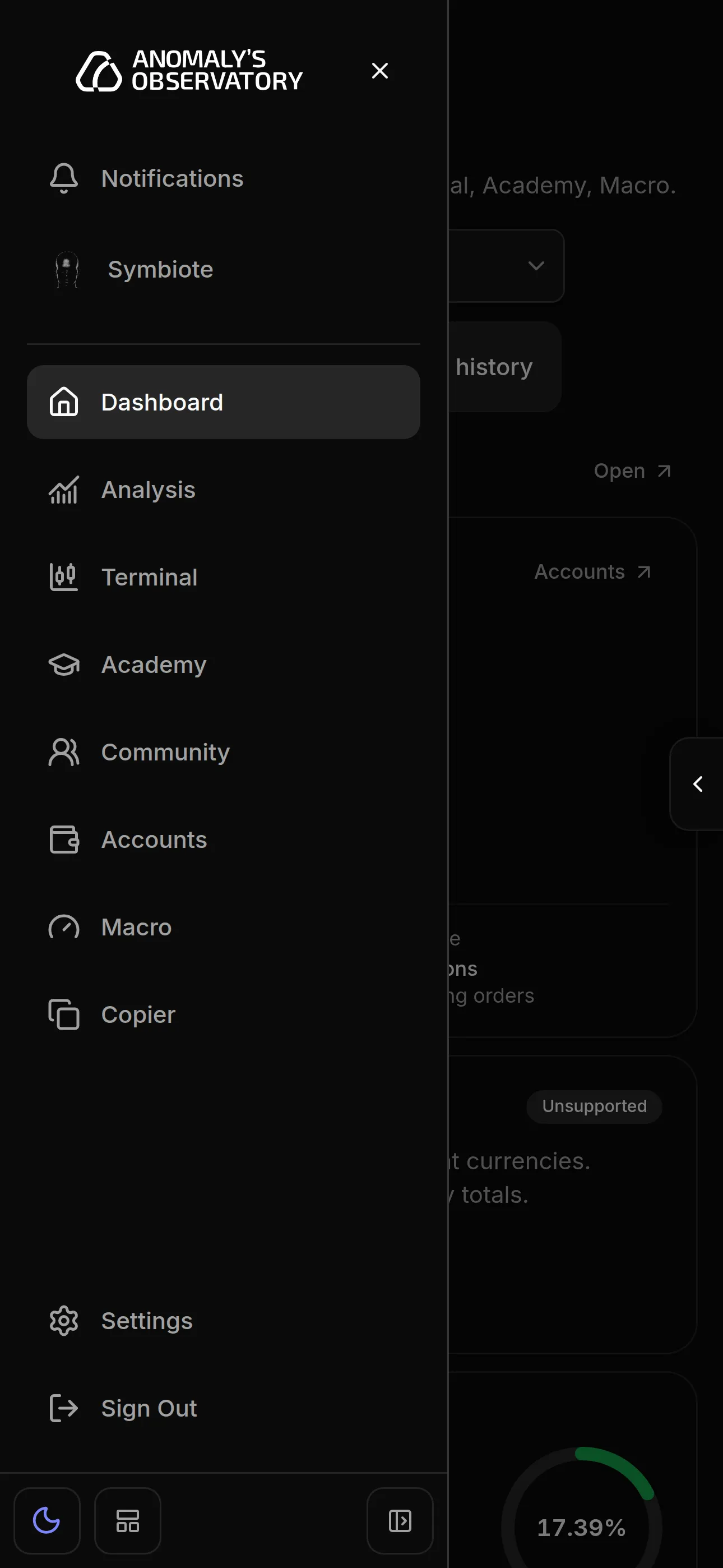 Navigation menu open on a phone, listing Notifications, Symbiote and the modules